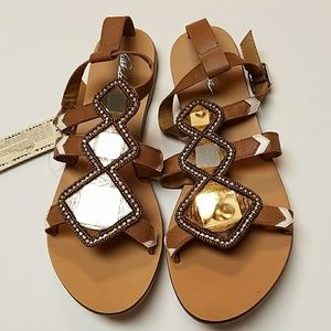 Park Lane tan leather and mirrors sandals